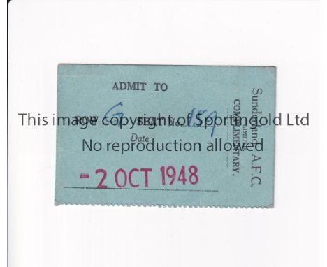 MANCHESTER UNITED        Ticket for the away League match v Sunderland 2/10/1948.      Generally good