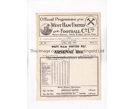 WEST HAM UNITED V ARSENAL 1937/ CHAMPIONSHIP DECIDER    Programme for the home London Combination match at West Ham 29/4/1937