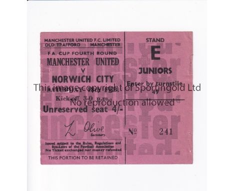 TICKET 1967 MANCHESTER UNITED V NORWICH FA CUP   Ticket for the tie at Old Trafford on 18/2/67, slightly creased.   Generally