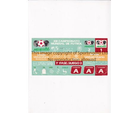 1986 WORLD CUP      Unused ticket for England v Poland 11/6/1986 at the University Stadium, Monterrey. Staple holes on the le