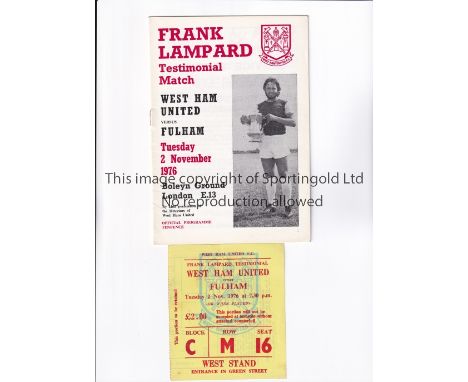 GEORGE BEST     Programme and ticket for the Frank Lampard Testimonial, West Ham United at home v Fulham 2/11/1976. Best play