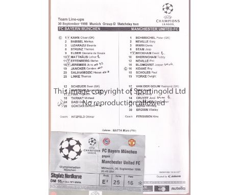 1998 BAYERN MUNICH V MANCHESTER UNITED   Ticket and team sheet for the Champions League game in Germany on 30/9/98.   General