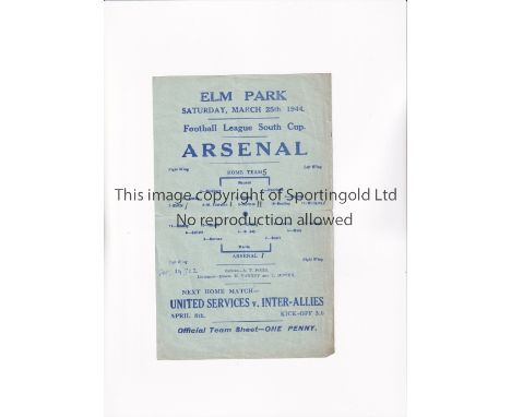 ARSENAL      Single sheet programme for the away FL South Cup tie v Reading 25/3/1944, slightly creased and scores entered.  