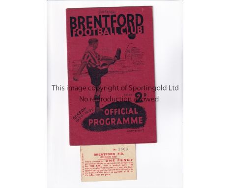 LEEDS UNITED     Programme for the away League match v Brentford 18/3/1939, date written at the top of the cover. Plus a Bren