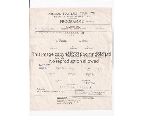 ARSENAL       Single sheet programme for the home FA Youth Cup tie v Bristol City 20/1/1959, slightly creased and scores ente