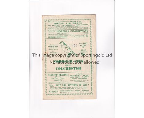 COLCHESTER UNITED / 1950/1 FIRST LEAGUE SEASON       Programme for the away League match v Norwich City 3/2/1951, slightly ru