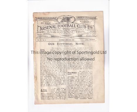 ARSENAL         Programme for the home League match v Preston North End 14/4/1923, ex-binder.       Generally good