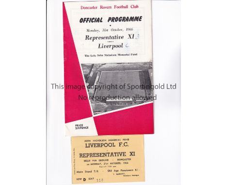 GEORGE BEST       Programme and ticket for a Representative XI v Liverpool 31/10/1966 at Doncaster Rovers FC including Best i