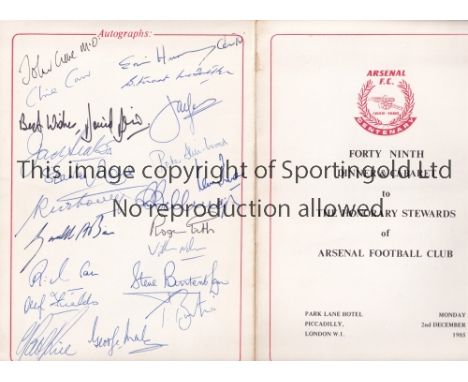 ARSENAL SIGNED MENU       Menu for Dinner and Cabaret to the Honorary Stewards in the Centenary Season on 2/12/1985 at the Pa