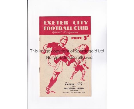 COLCHESTER UNITED / 1950/1 FIRST LEAGUE SEASON      Programme for the away League match v Exeter City 24/2/1951, slightly rus