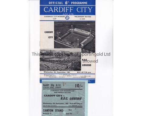 CARDIFF CITY V R.S.C. LIEGEOIS 1965     Programme and seat ticket for the ECWC tie at Cardiff 8/9/1965. The programme has sco