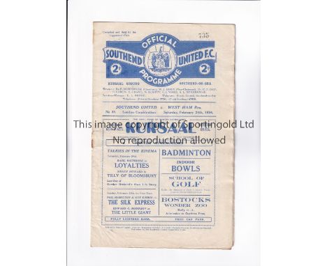 SOUTHEND UNITED V WEST HAM UNITED 1934     Programme for the Reserve Team London Combination match at Southend 24/2/1934, sli