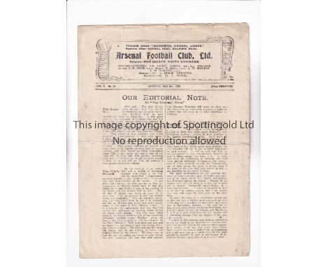 ARSENAL     Programme for the home League match v Bradford City 6/5/1922, folded in four.   Generally good