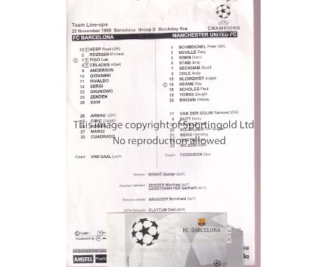 1998 BARCELONA V MANCHESTER UNITED   Ticket and team sheet for the Champions League game in Spain on 25/11/98. Ticket corner 