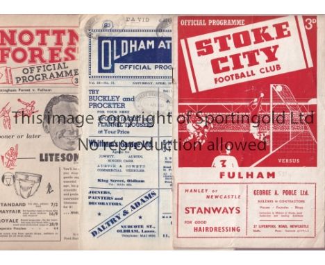 FULHAM    Eighteen away programmes for 53/4 v Birmingham, Blackburn, Brentford, Bristol R, Bury, C Palace FR, Derby, Doncaste