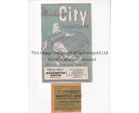 MANCHESTER UNITED         Programme and ticket for the away F.A. Cup tie v Manchester City 29/1/1955. The programme has rusty