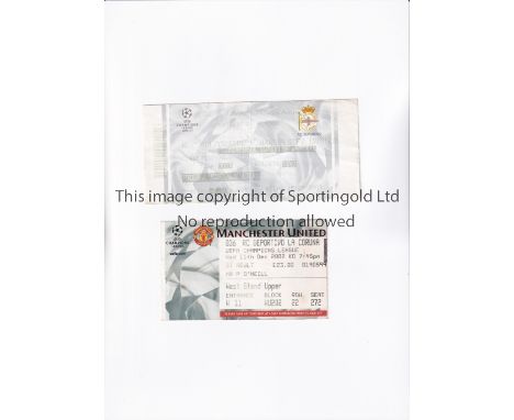 TICKET 2002/3 DEPORTIVO LA CORUNA V MANCHESTER UNITED   Tickets for the Champions League games at Old Trafford on 11/12/02 an