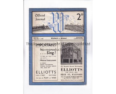 ARSENAL      Programme for the away F.L. Regional match v Watford 9/12/1939, slightly creased and scores entered.     General