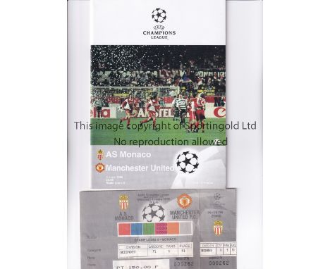 1998 MONACO V MANCHESTER UNITED   Programme and complete ticket for the Champions League game in France on 4/3/98.   Good