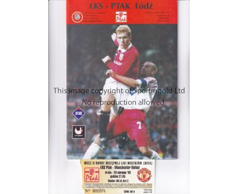 1998 LKS LODZ V MANCHESTER UNITED   Programme and ticket for the Champions League game in Poland on 26/9/98. Ticket corner to