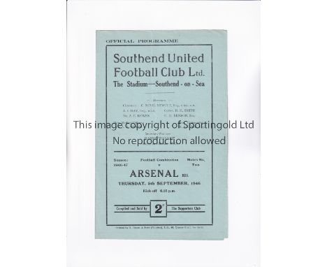 ARSENAL        Programme for the away Reserve Team Combination match v Southend United 5/9/1946, slightly creased.     Genera