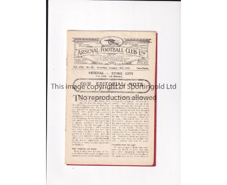 ARSENAL     Programme for the home FA Cup tie v Stoke 12/1/1929, staples removed, team changes and scores entered.    General