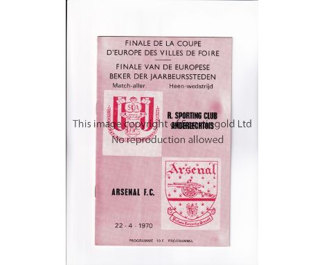 1970 FAIRS CUP FINAL / ANDERLECHT V ARSENAL      Programme for the 1st leg at Anderlecht 22/4/1970.     Good