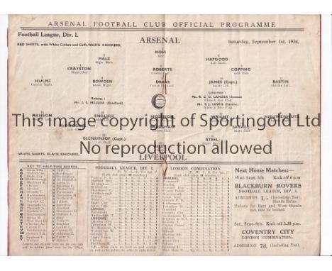 ARSENAL     Programme for the home League match v Liverpool 1/9/1934, slightly creased and minor tears.    Generally good