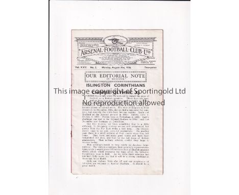NEUTRAL AT ARSENAL FC       Programme for the Friendly match at Highbury, Islington Corinthians v Chinese Olympic  XI 31/8/19