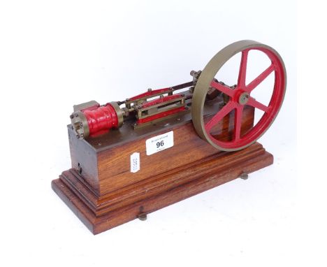 A Vintage scratch-built brass-mounted stationary engine, early to mid-20th century, on teak plinth base, base length 27cm, fl