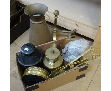 A Japanned tea tin, copper grain scoop, brass-lidded jug, chestnut roaster, ladle and cream skimmer 