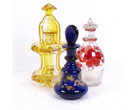 An unusual amber and clear glass decanter and goblet set, and 2 other glass scent bottles, largest height 18cm (3) 