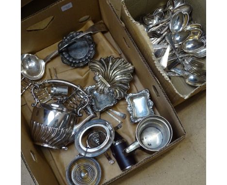 A silver plated spirit kettle on stand, a plated ladle, salts, toast rack, and a box of silver plated cutlery etc (2 boxfuls)