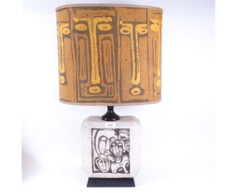 An African Tribal design Studio pottery modernist table lamp, with original shade, overall height 67cm 