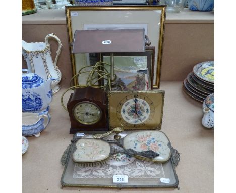 A copper and brass desk lamp, engravings, a clock, a dressing table set etc 