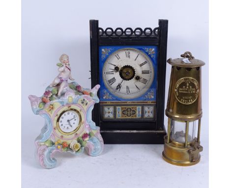 A small 19th century stained wood-cased kitchen clock, with Vernis Martin painted and gilded glass door, and postman's alarm 