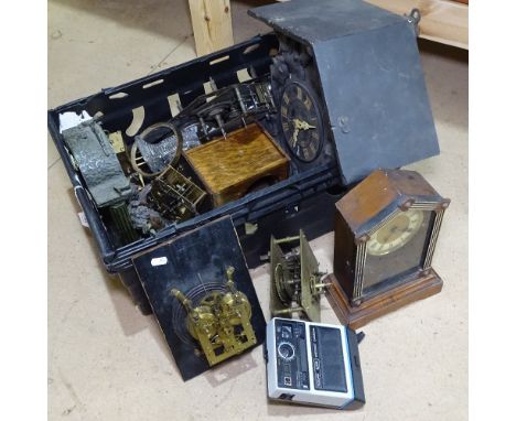 A Black Forest cuckoo clock case, spelter clock case, brass schiller carriage clock, various clock movements and parts etc 
