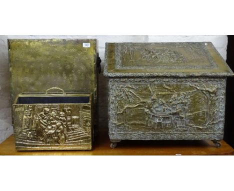 A Victorian embossed brass coal bin, similar stick stand, and a magazine rack (3) 