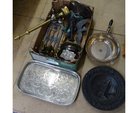 Box with plaque, tea tray, lamp, box etc 