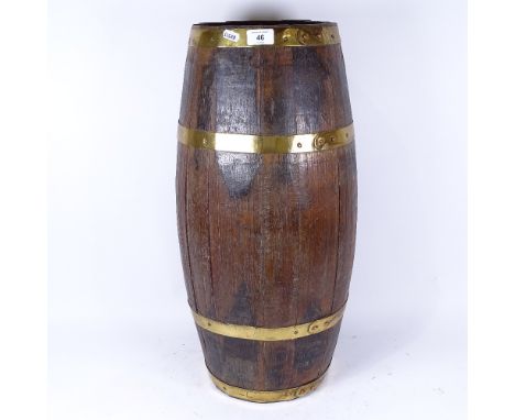 A coopered oak brass-bound barrel stick stand, height 63cm 