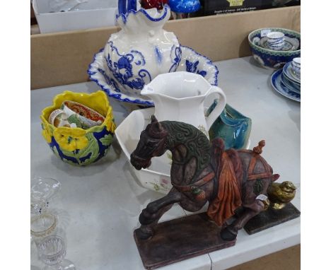 A Staffordshire ironstone wash jug and basin, Studio pottery wall pocket, pottery Tang style horse etc 