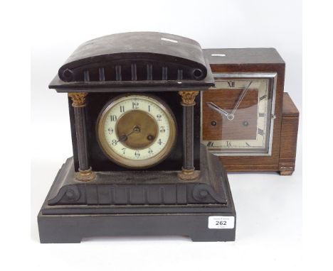 A Victorian architectural slate-cased mantel clock, with 8-day striking movement, height 29cm, and an Art Deco oak-cased 8-da