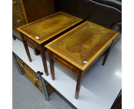A pair of rectangular crossbanded mahogany lamp tables, with single drawers, L63cm, W38cm, H48cm 