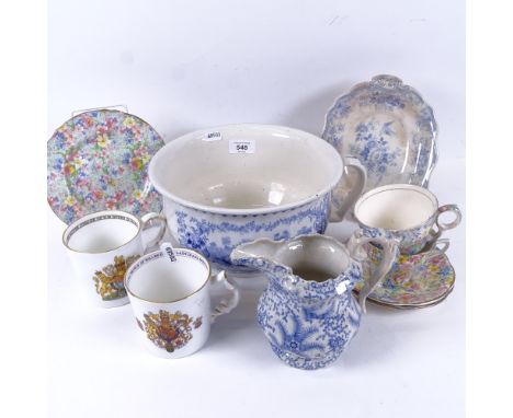 Vintage chintz teaware, blue and white transfer printed chamber pot and jug etc 
