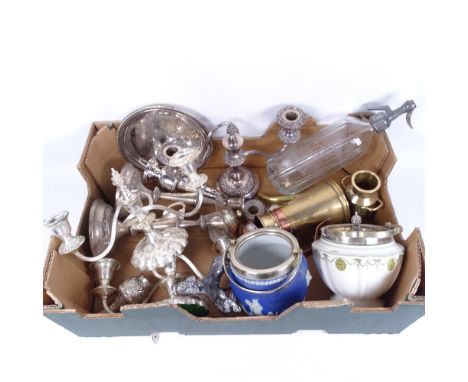 A mixed group of items, including plated candlesticks, an etched soda syphon, ceramic biscuit barrels etc (boxful) 