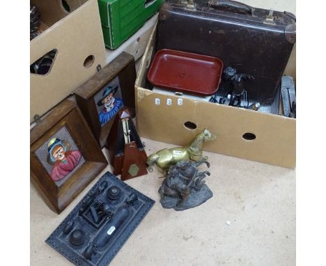 A pair of hand painted enamel portrait pictures, Indian ebony desk stand, metronome, Vintage suitcase etc (boxful) 