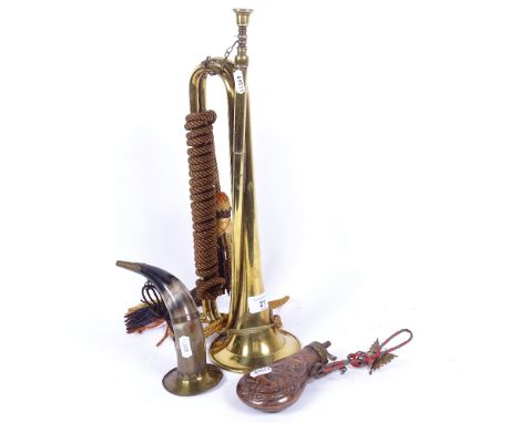 A brass bugle with original rope, a copper powder flask, and a horn flask, bugle length 43cm (3) 