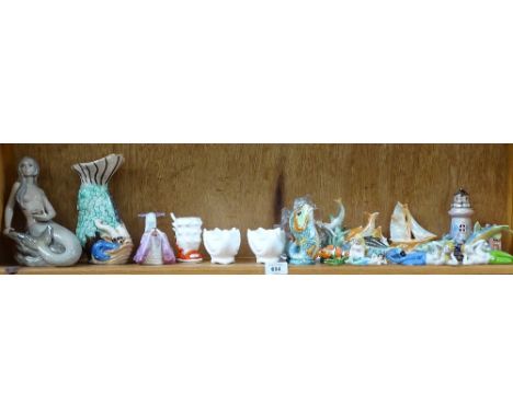 A group of lustre ceramic dishes, mermaids, a pair of Coalport Country Ware nautilus shell bowls etc (1 shelf) 