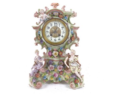 A 19th century figural and floral ceramic-cased 8-day mantel clock, by Kay's Ltd, case height 37cm 