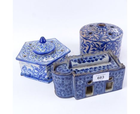 Dutch Faience pentagon-form inkwell, and 2 other European pottery inkwells (3) 